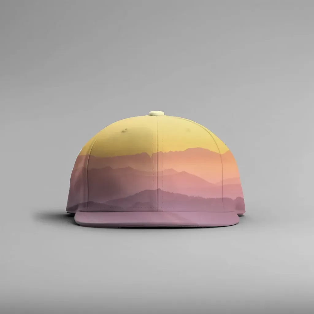 Layered mountain illustration rendered on a cap mockup