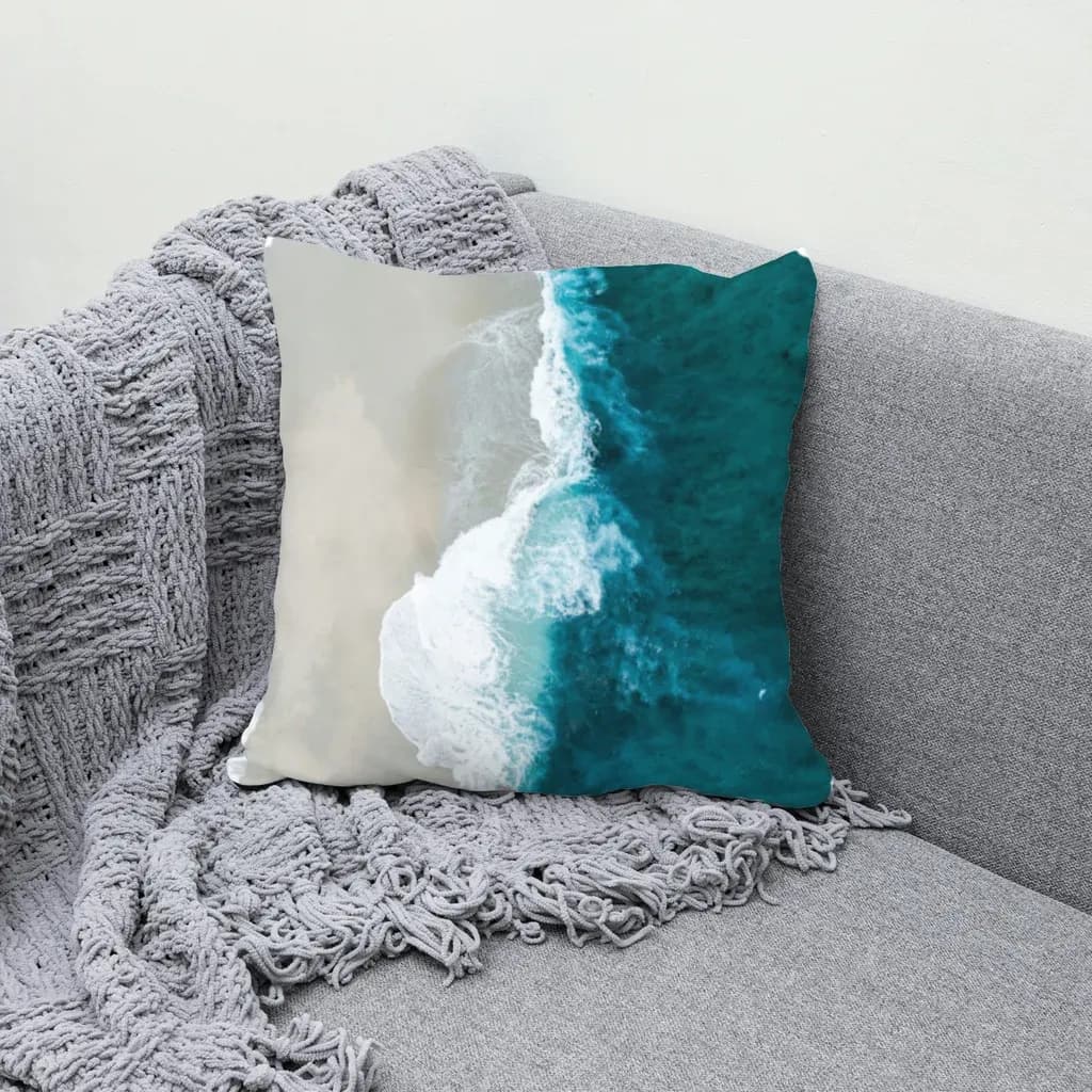 Aerial ocean photo rendered on a pillow mockup