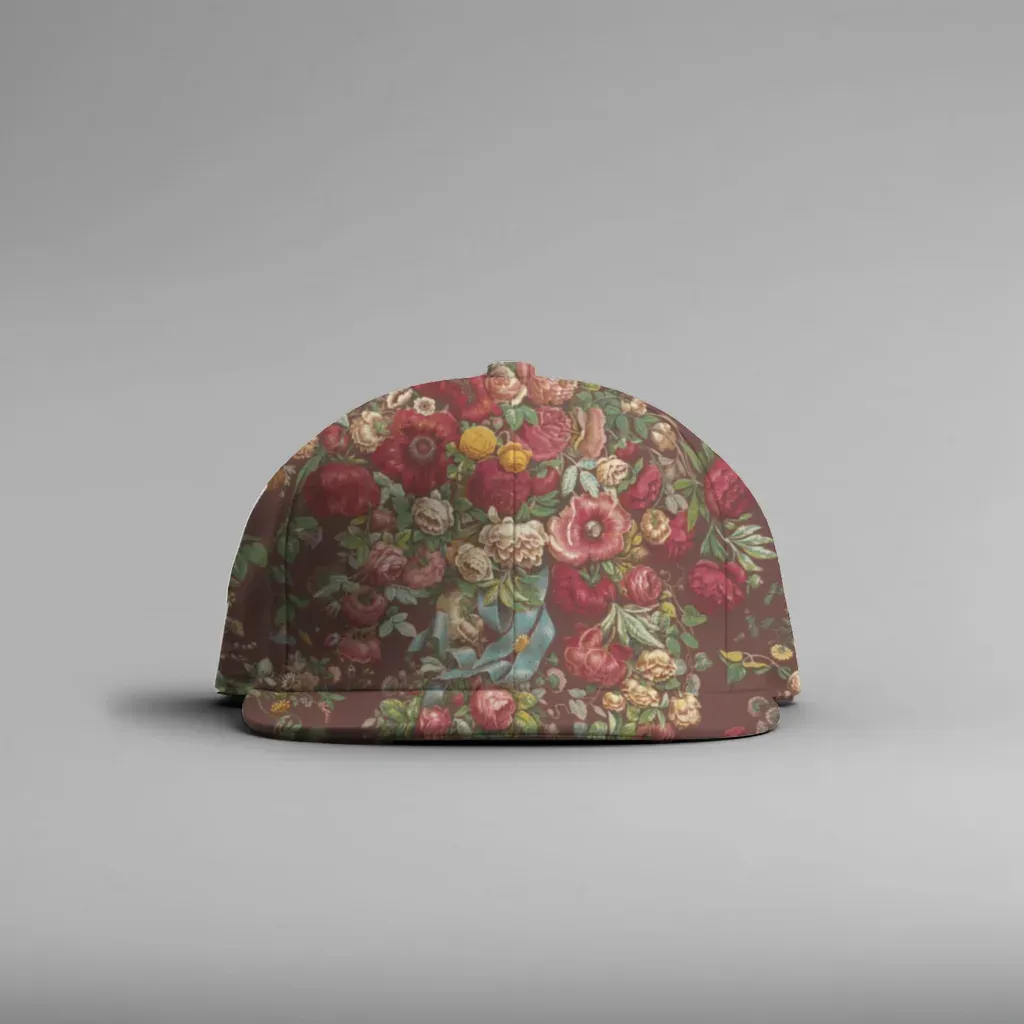 Dense roses pattern rendered on a cap mockup